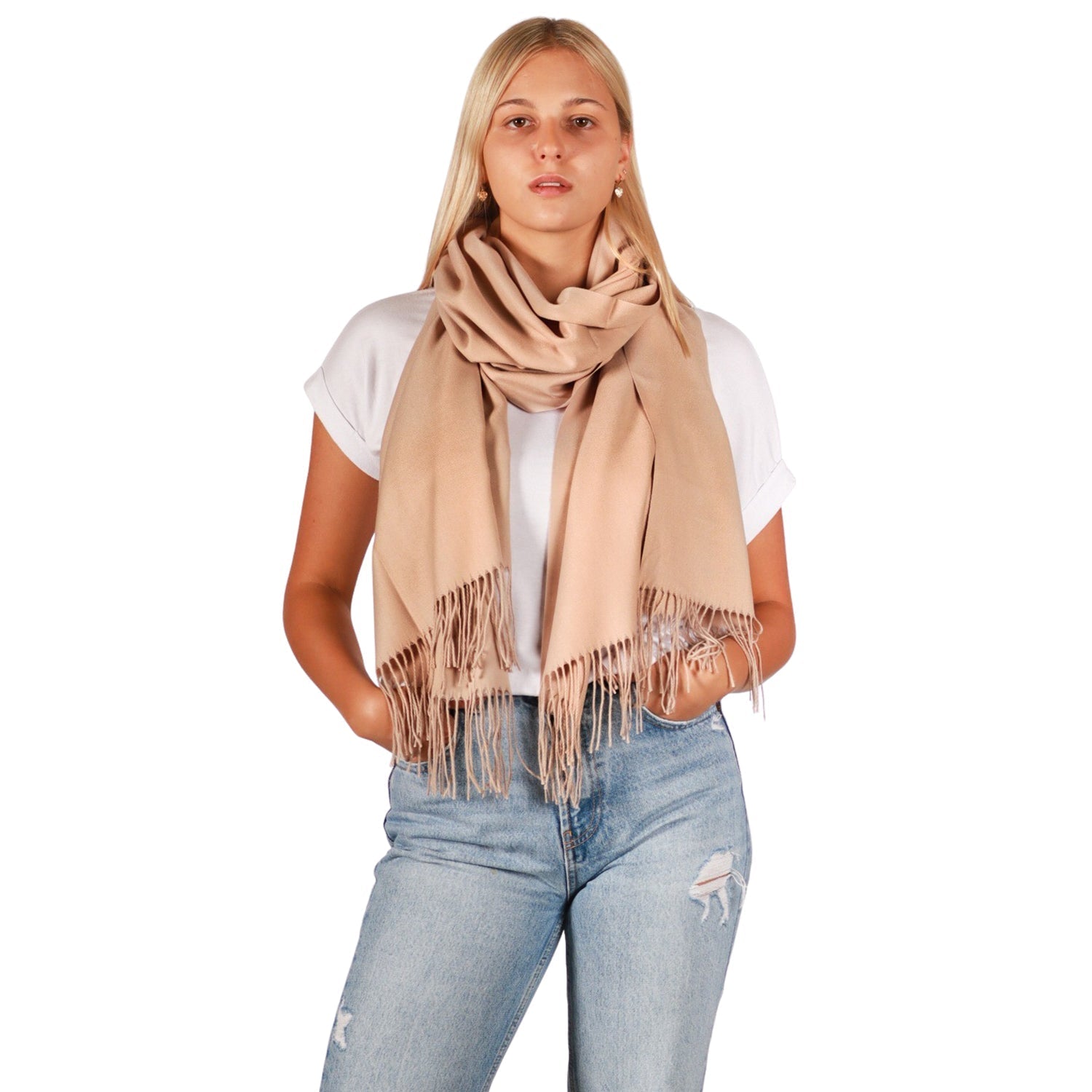 Winterschal mit Fransen Sand - RIEMTEX
