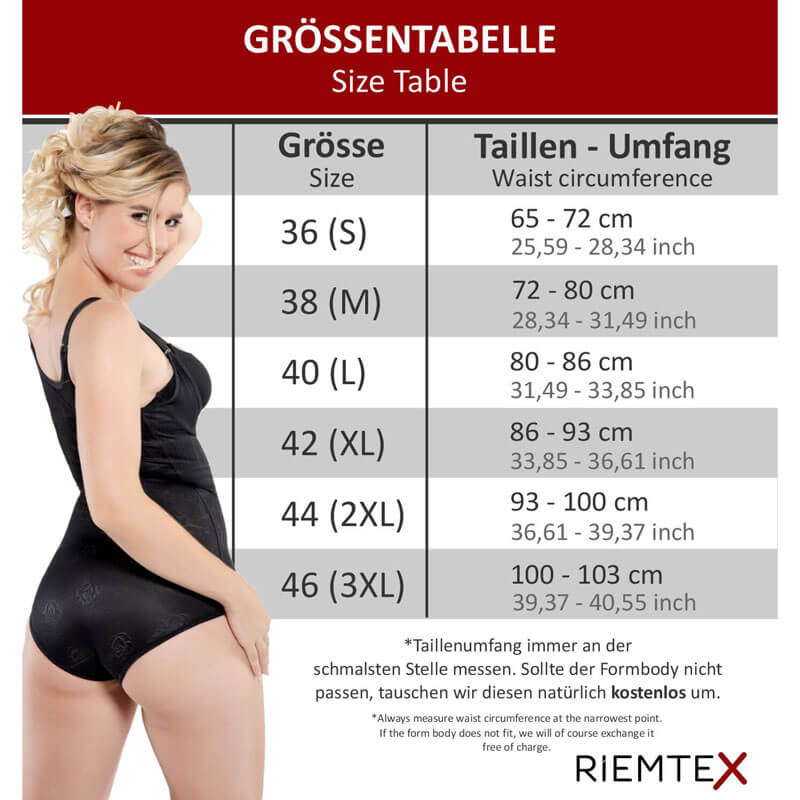 Größentabelle für den RIEMTEX Formbody Bodyshaper der Damen Shapewear