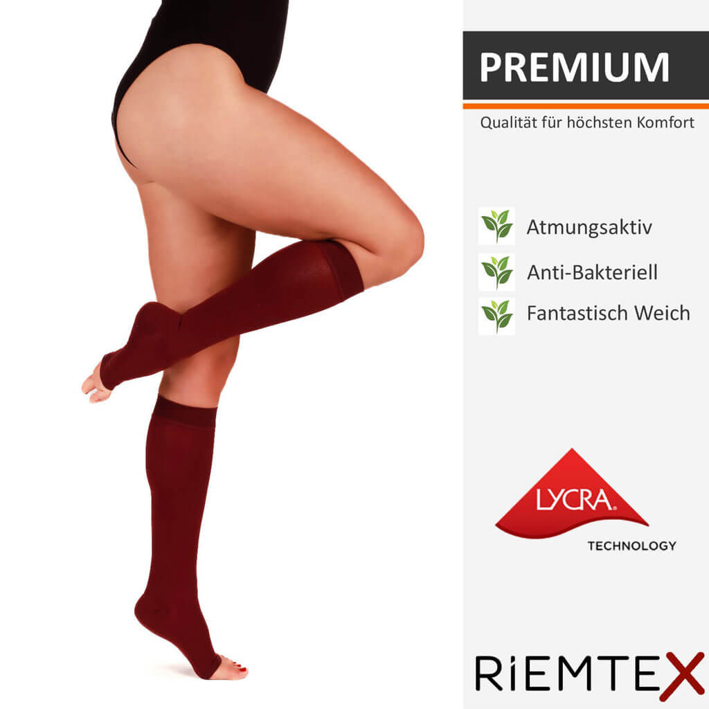 Kompressionsstrümpfe und Stützstrümpfe RIEMTEX Klasse 2 Damen Herren in Burgundy Rot