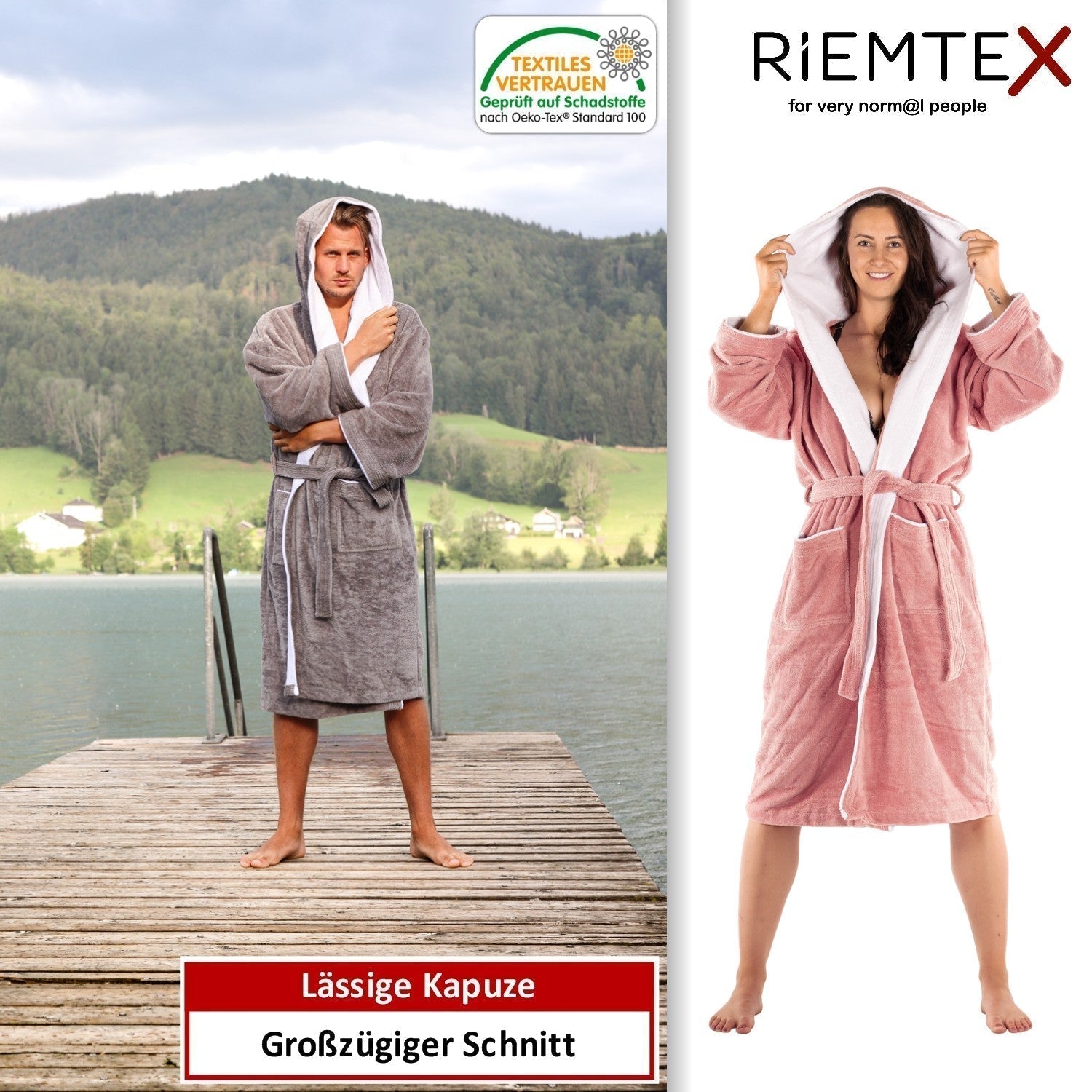 Bademantel mit Kapuze in hellgrau online bestellen | RIEMTEX